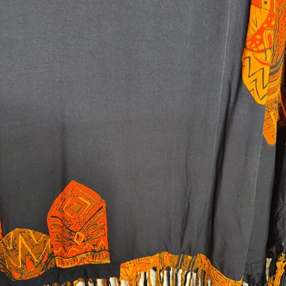Vintage 90s Black & Orange Boho Maxi-Length Kaftan, Fringe Accents, Art-to-Wear - Picture 3 of 7